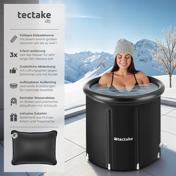 Eisbadetonne tectake Helsinki inkl. Tragetasche, Pumpe und Wasserkissen faltbar, mit 3-facher Isolierung schwarz