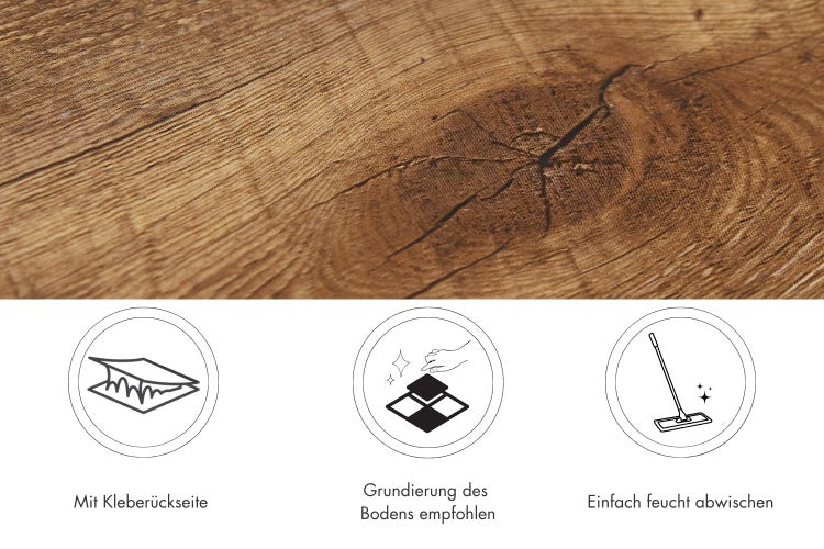 Holzoptik Bodenbelag mit Symbolen für selbstklebende Rückseite, empfohlene Grundierung und einfache feuchte Reinigung.