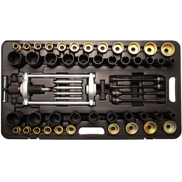 Werkzeugsatz zum Demontieren von Lagern, Buchsen und Dichtungen in einem schwarzen Kunststoffkoffer