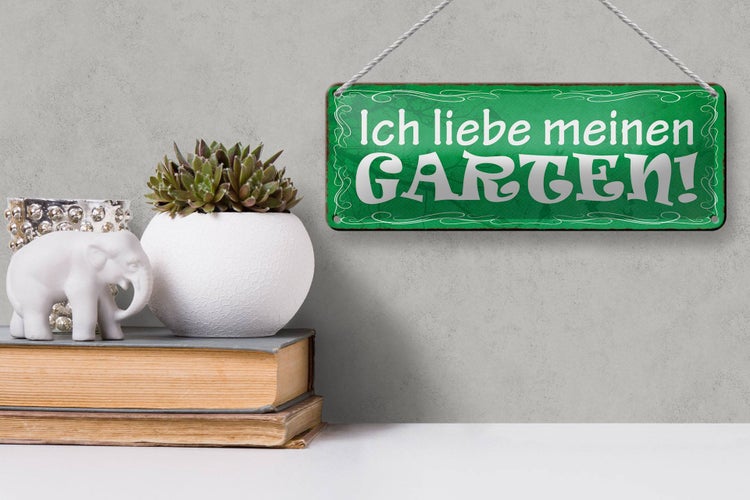 Blechschild Spruch 27x10cm ich liebe meinen Garten grünes Schild