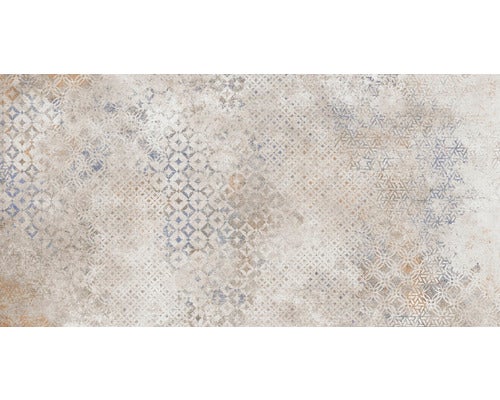 Wandfliese und Bodenfliese aus Feinsteinzeug mit geometrischem Muster im Vintage Stil und Steinoptik in Grau, Beige und Blau.