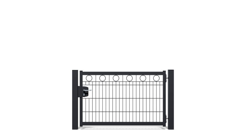 Zauntür ZAUNGURU BASIC-Linie Berlin Kreis aus Metall, Höhe: 83cm, Breite: 150cm, 1-flügelig inkl. Pfosten, Schloss und Zubehör, Feuerverzinkt und zusätzlich in RAL 7016 Anthrazitgrau pulverbeschichtet