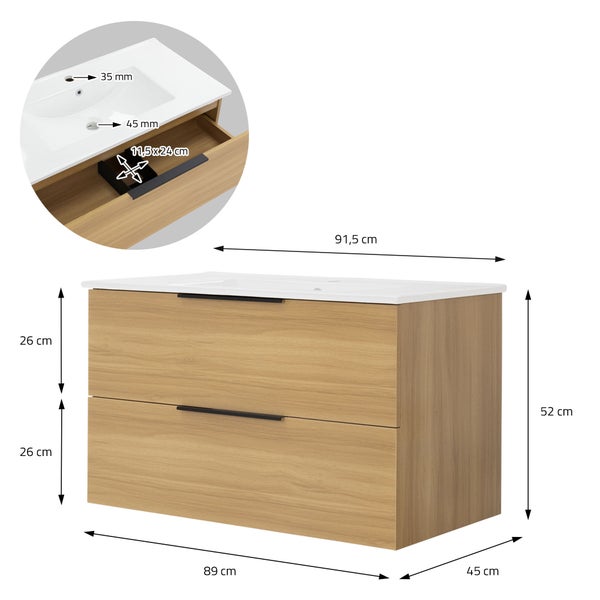ML-Design Badmöbel-Set 2-teilig, Braun, Unterschrank 89x45x52 cm, Waschbecken Waschtisch 91 cm Keramik, MDF, Badezimmermöbel, Waschbeckenunterschrank, Badset, Badezimmer Möbel Set, viel Stauraum