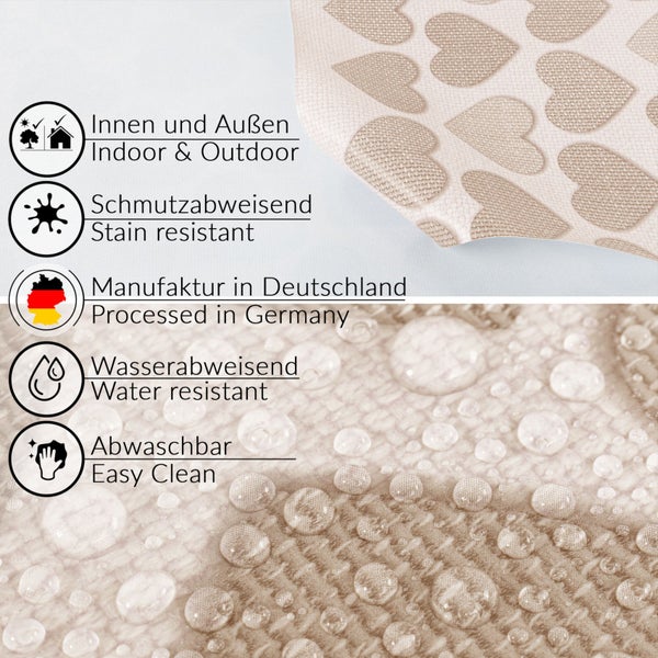 Symbolbild: Geeignet für Innen- und Außenbereiche, schmutzabweisend, hergestellt in Deutschland, wasserabweisend, leicht zu reinigen.