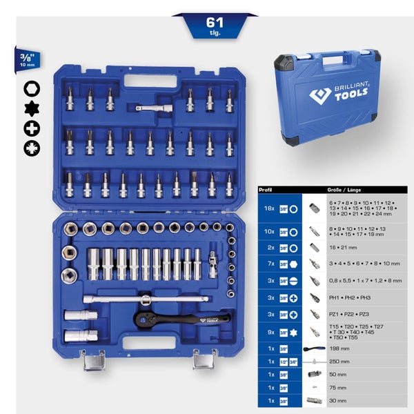 61-teiliges Brilliant Tools Steckschlüssel-Set im blauen Kunststoffkoffer