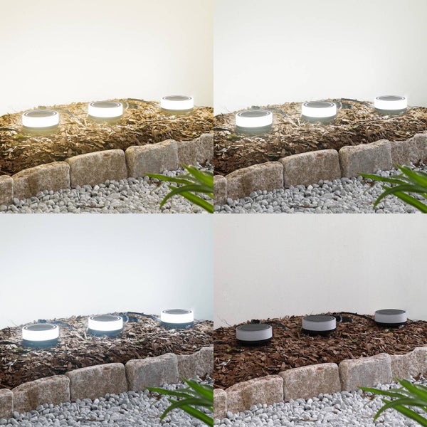 Runde LED-Gartenstrahler in Rindenmulch bei einer Steinkante in den Lichtfarben Warmweiß, Neutralweiß, Kaltweiß und im ausgeschalteten Zustand.