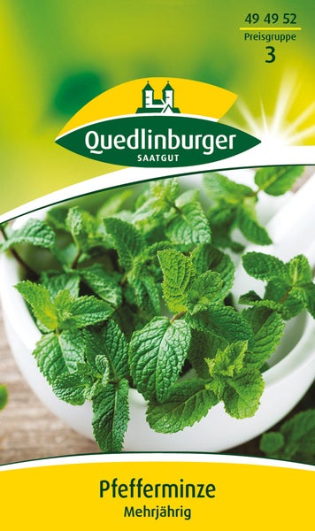 Samenpackung Quedlinburger Saatgut Pfefferminze, mehrjährig, frische Minzblätter in einer Schale.