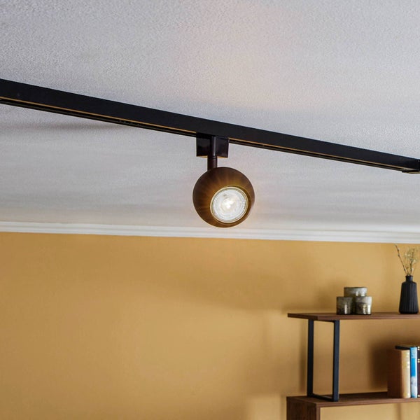 Schienenspot in Kugelform an einem Schienensystem an der Decke.