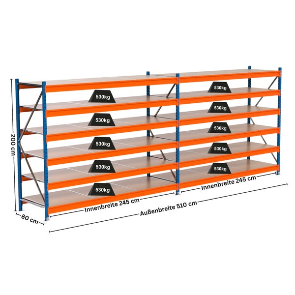 Regal mit sechs Ebenen und einer Traglast von 530 Kilogramm pro Ebene.