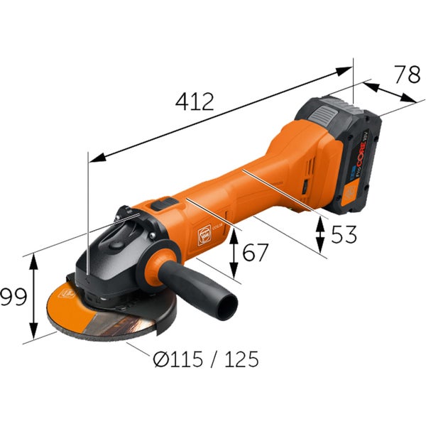 Fein Akku-Winkelschleifer mit Maßangaben