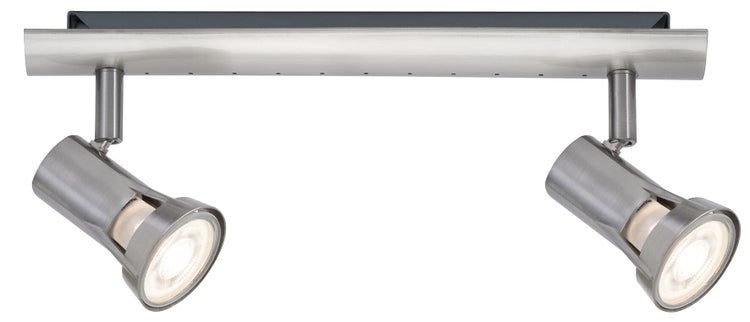 Zwei silberfarbene Strahlerspots an einer Deckenhalterung