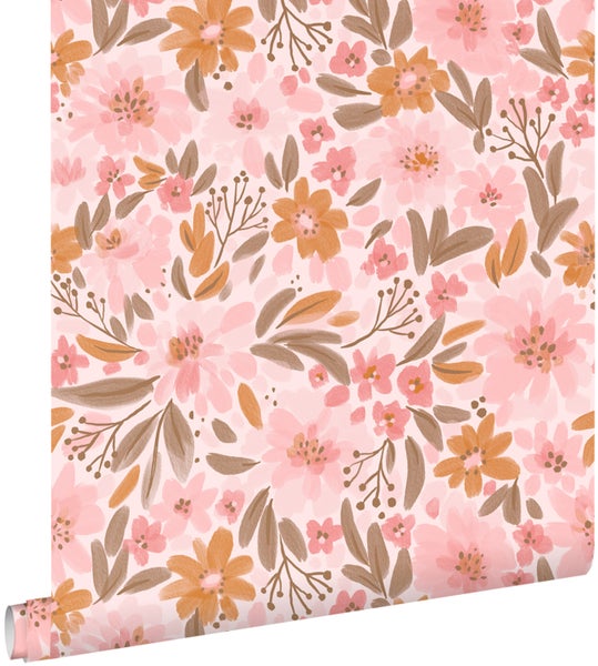 ESTAhome Tapete Blumen Rosa, Orange und Graugrün - 50 x 900 cm - 130925