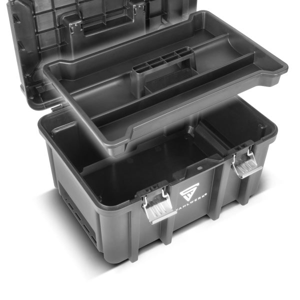 Geöffnete Werkzeugkiste aus Kunststoff mit Metallschnallen und herausnehmbarem Einsatz