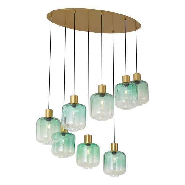 Moderne Pendelleuchte mit acht Leuchten, goldfarbene Deckenplatte, acht Glas-Lampenschirme in grüner Ombre Optik