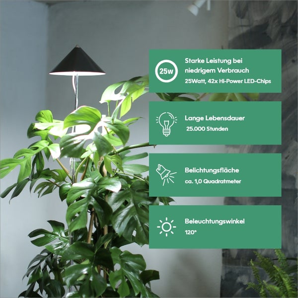 Parus by Venso SUNLiTE XL LED Vollspektrum Pflanzenlampe Grau 25W Indoor Plants Pflanzen Beleuchtung, mit ausziehbarem Teleskopstab, Parus Pflanzenlampe für große und kleine Zimmerpflanzen