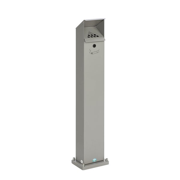 Standaschenbecher aus Metall mit abgeschrägtem Dach, Einwurföffnung und Zigarettensymbol.