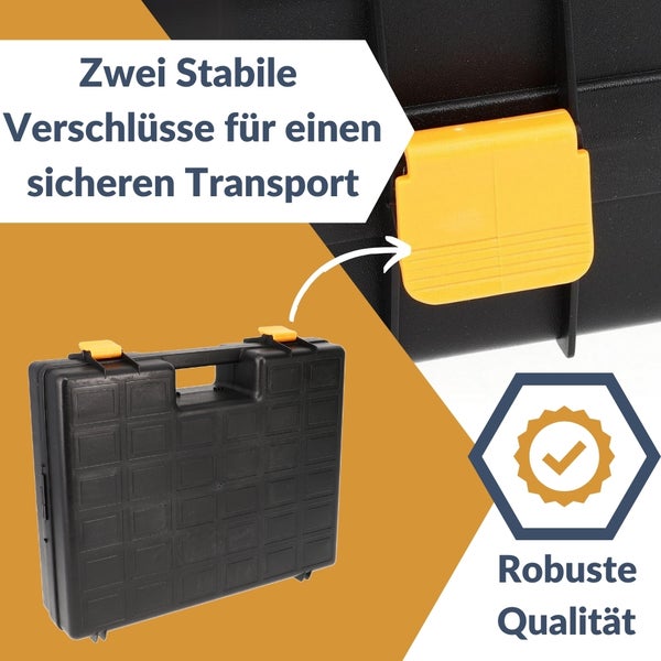 Schwarzer Werkzeugkoffer mit Tragegriff und gelben Verschlüssen