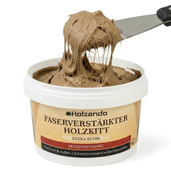 Holzando faserverstärkter Holzkitt in einem ein Kilogramm Eimer mit Spachtel, der die faserige Struktur zeigt.