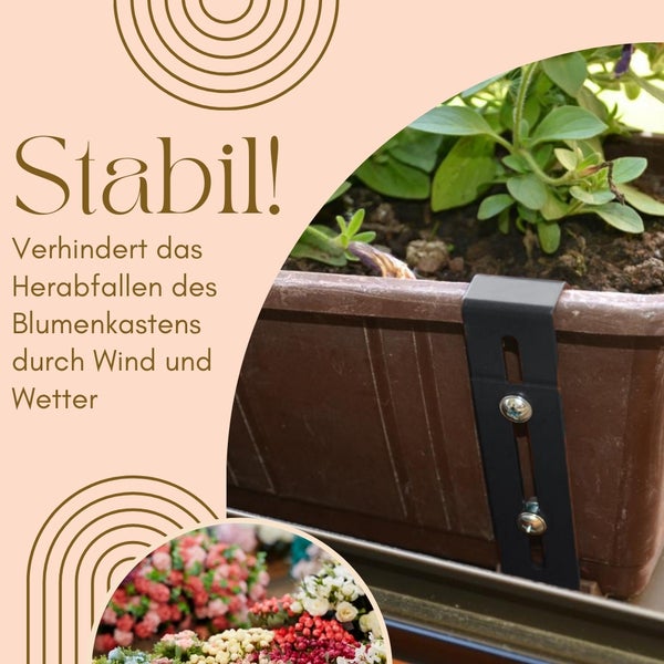 Blumenkastenhalterung am Balkongeländer befestigt, um das Herabfallen des Blumenkastens zu verhindern.