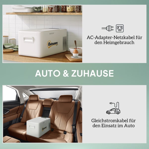 Outsunny 16,8 Liter Kompressor Kühlbox elektrische Kühlbox mit LED ECO-Modus Anschluss Kühlhaltefunktion leise Gefrierbox Thermobox Mini Kühlschrank 12/220 Volt für Auto Steckdose Camping Cremeweiß