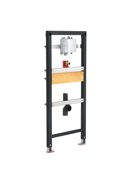 Montageelement für Vorwandinstallation mit Metallrahmen, Elektrobox, Wasseranschluss und Holzplatte.