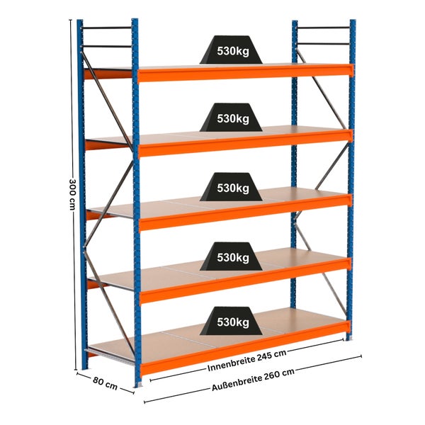 Schwerlastregal mit fünf Ebenen, Traglast 530 Kilogramm pro Ebene und Maßangaben.