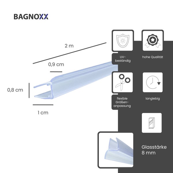 BAGNOXX Logo. Transparente Duschdichtung, 2 Meter. Ultraviolett-beständig, flexibel zuschneidbar, langlebig, Qualität, für 8 Millimeter Glasstärke.