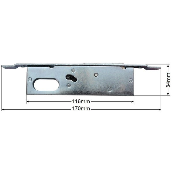 Einsteckschloss aus Metall mit Maßangaben: Gehäuselänge 116 Millimeter, Gesamtlänge 170 Millimeter und Höhe 34 Millimeter.