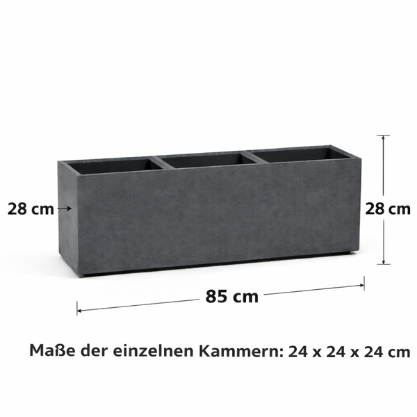 Grauer Pflanzkasten mit den Maßen 85 x 28 x 28 cm für den Außenbereich
