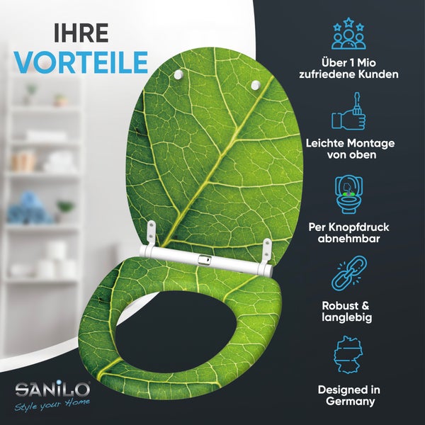 Toilettensitz mit Blattmotiv und Funktionen wie einfache Montage von oben, abnehmbar per Knopfdruck sowie robuste und langlebige Ausführung.