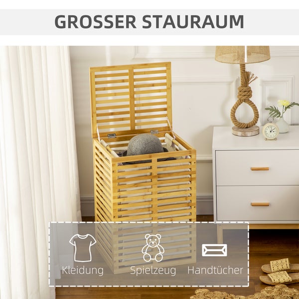 HOMCOM Bambus Wäschekorb mit 63 L Wäschesammler mit Deckel herausnehmbarer Wäschesack, Stange, Laundry Baskets Wäschebox für Waschküche Schlafzimmer Badezimmer Naturholz