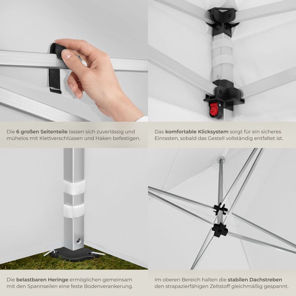 Detailansichten eines Faltpavillons mit Klicksystem, Klettverschlüssen für Seitenteile, Bodenverankerung mit Heringen und stabilen Dachstreben.