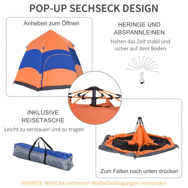 Outsunny Quick-Up-Zelt, Doppelwandzelt, Polyester + Glasfaser,  275 x 275 x 170 cm, Polyester, Glasfaser, Oxford-Gewebe, Orange + Blau