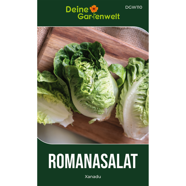 Romanasalat Xanadu von Deine Gartenwelt, Samentüte mit Deine Gartenwelt Logo und Abbildung von frischen Salatköpfen auf einem Holzbrett.