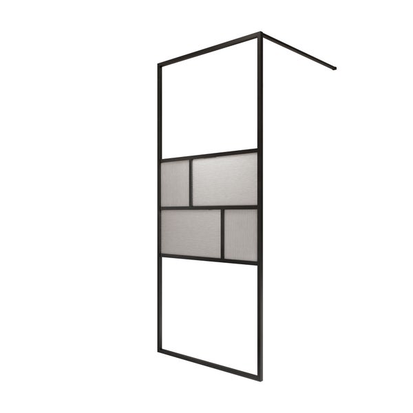 Walk-In-Duschwand mit schwarzem Rahmen, Einsätze aus geriffeltem Glas, Industriestil, inklusive Stabilisierungsstange.