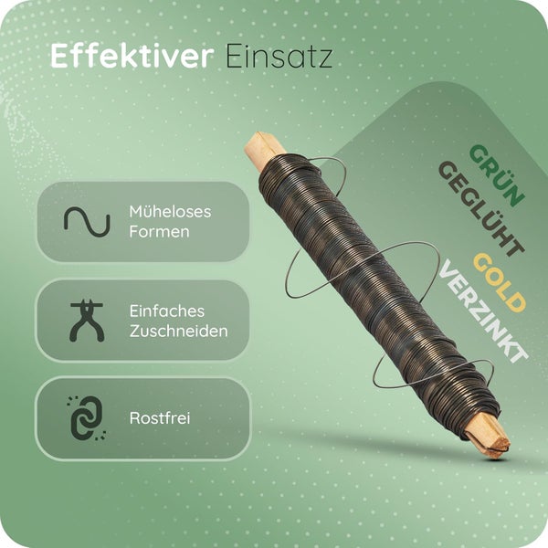 Wickeldraht auf Holzstab, leicht formbar, einfach zu schneiden, rostfrei, erhältlich in den Ausführungen grün geglüht oder gold verzinkt.
