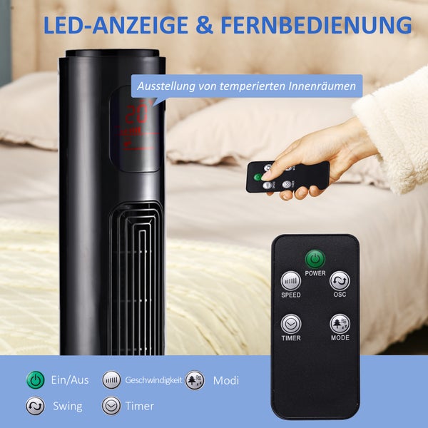 Turmventilator mit LED-Anzeige der Temperatur und Fernbedienung für Ein und Aus, Geschwindigkeit, Timer, Modi sowie Oszillation.