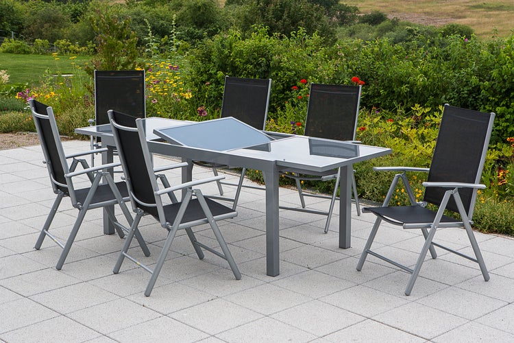 Amalfi Gartenmöbelset 7tlg., 6 Klappsessel, Ausziehtisch 160 (220) x 90 cm, schwarz