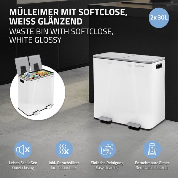 ML-Design Mülleimer Küche 2x 30L (60L), Weiß, Mülltrennsystem 2 Fächer, Treteimer zur Mülltrennung, Abfalleimer aus Stahl, herausnehmbarer Inneneimer aus Kunststoff, Klappdeckel, Softclose, luftdicht