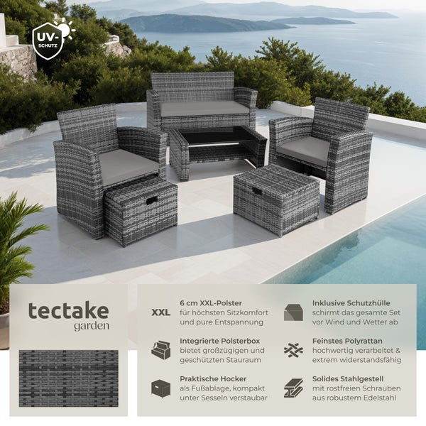 Rattan Sitzgruppe tectake Modena inklusive Staufach und Schutzhülle für 4 bis 6 Personen grau