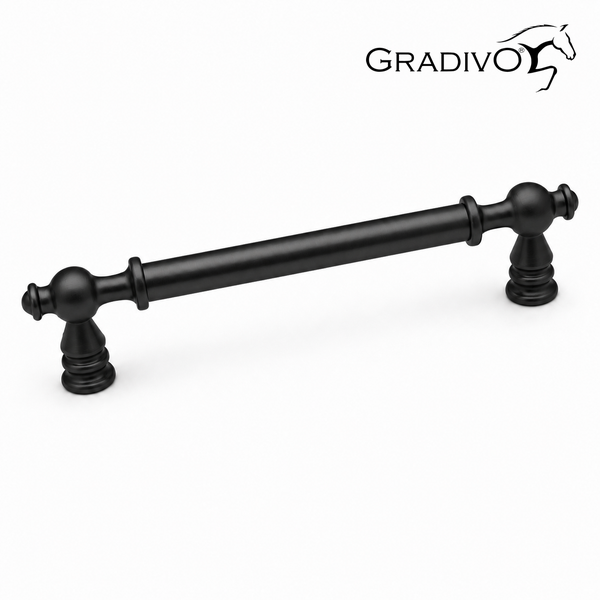 Klassischer Möbelgriff aus Metall in Schwarz, Gradivo Logo.