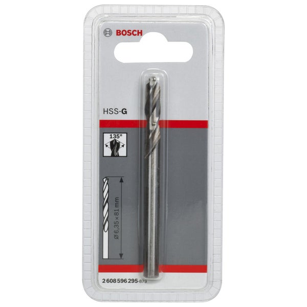 Bosch Logo. HSS-G Bohrer im Blister mit einem Durchmesser von 6,35 x 81 Millimeter und einem Schleifwinkel von 135 Grad.