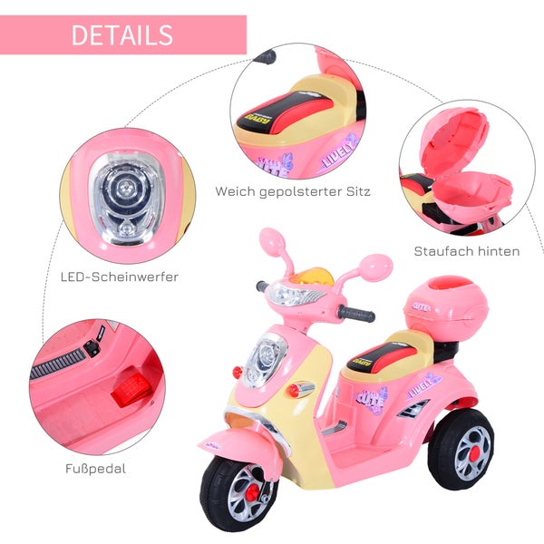 HOMCOM Elektro Kindermotorrad, Dreirad, 6V, 108x51x75cm, Metall+PP, Rosa+Gelb