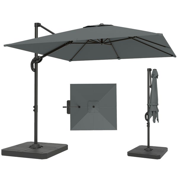 Ampelschirm mit LED-Beleuchtung, Durchmesser 3 Meter, Höhe 2,4 Meter, Standfuß 0,8 mal 0,8 Meter, beige Bespannung, schwarzes Gestell.