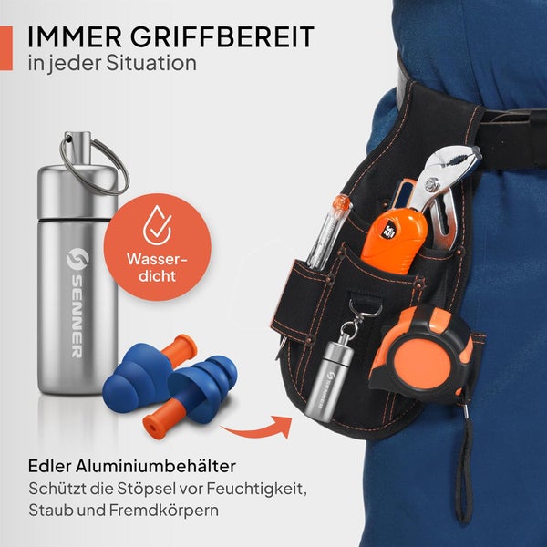 Senner ® WorkPro Strong | Ohrstöpsel zum Arbeiten – Ideal bei lauten Lautstärkequellen – Gehörschutz im Beruf & Zuhause – mit 3 extra Paaren, Nylonschnur & Aluminiumcontainer