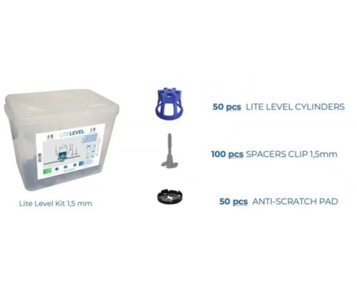 Nivelliersystem-Set Lite Level 1,5mm 50 Drehzylinder, 100 Gewindelaschen, 50 Kratzschutz