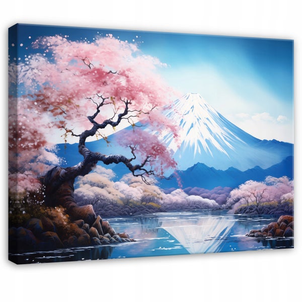 Leinwandbild mit Kirschblütenbaum und Berglandschaft