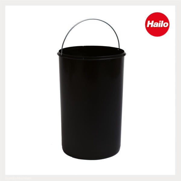 Schwarzer Hailo Kunststoffeimer mit Metallbügel. Hailo Logo.