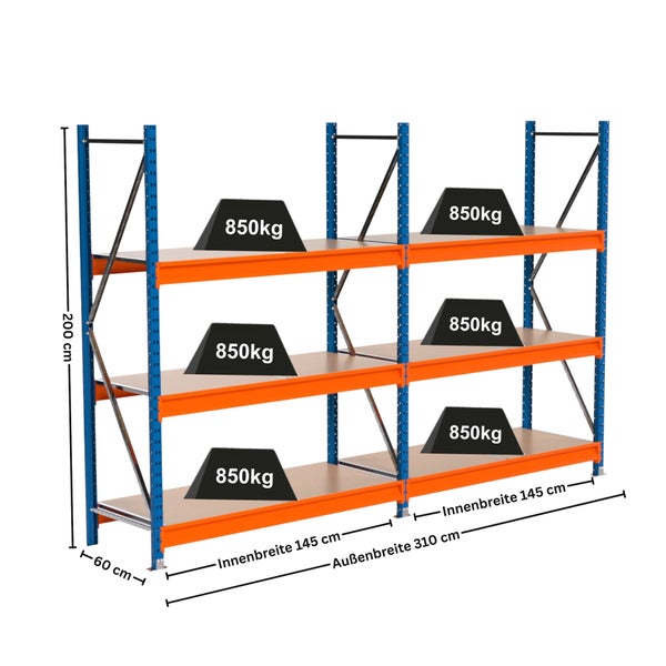 Regal mit drei Ebenen, Abmessungen und Belastungsgewichte dargestellt