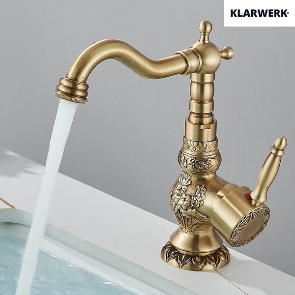 Einhandwaschtischarmatur im Antik Design mit Blumenverzierung und fließendem Wasser Klarwerk Logo